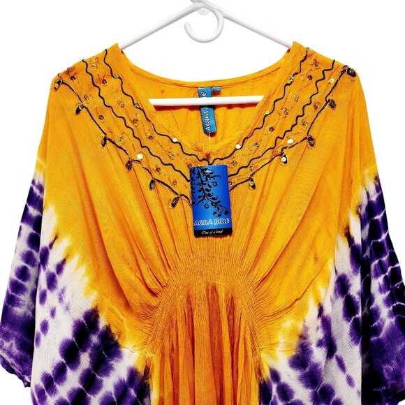 Handmade Aqua Blue Tie-Dye Caftan Top Beaded Flowy Draped Design One Size Fits - Picture 5 of 9